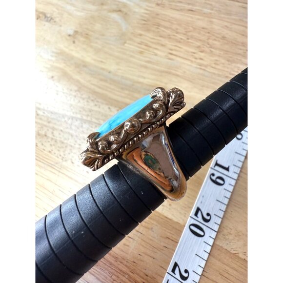Large Turquoise Blue Square Stone Ring Size 8 With Ornate Gold-Toned Band Vintag - Picture 2 of 12